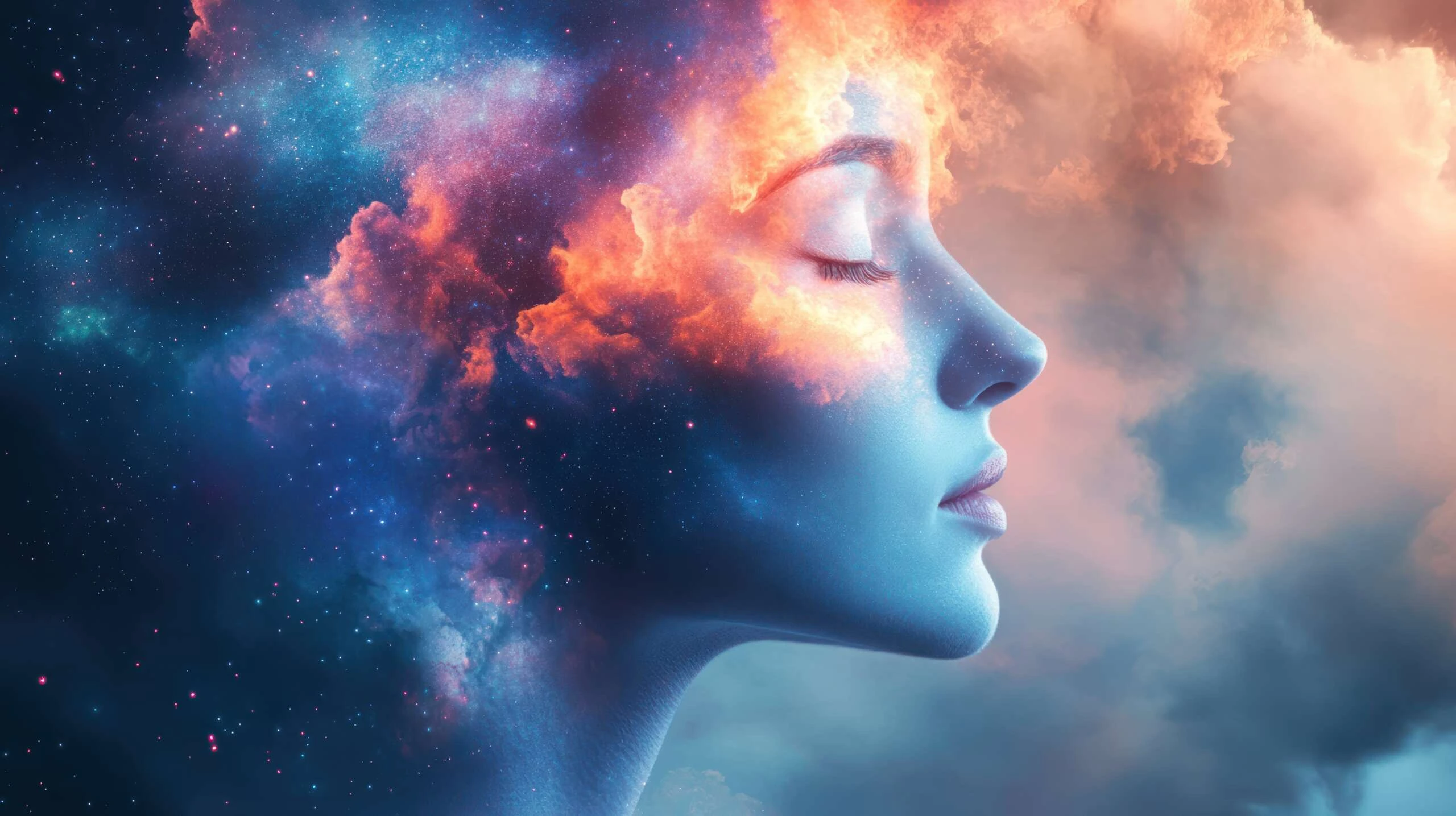 Graphic image of woman's head in the clouds